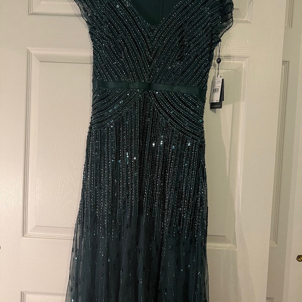 Adrianna Pappell Beaded V-Neck Gown In Dusty Emerald - Dusty Emerald Size 8.